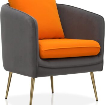 Modern Upholstered Barrel Accent Chair with Back Cushion, Two-Tone Fabric Single Armchair for Bedroom and Living Room
