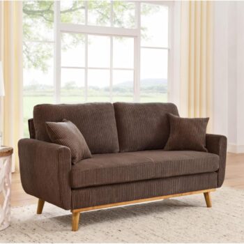 Sofa with Solid Wood Frame and Tapered Legs, 2 Seat Upholstered Couch with Vertical Channel Texture and Flared Arms, Compact Modern Living Room (Brown)