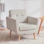 Beige Linen Upholstered Accent Chair, Mid-Century Armchair with Button Tufting for Reading and Everyday Seating