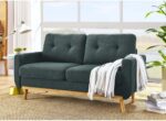 Tufted Upholstered Loveseat Sofa with Splayed Wooden Legs, Polyester Fabric 3-Seat Lounge Couch for Living Room, Retro Accent Furniture with Supportive Backrest (Grayish Green)