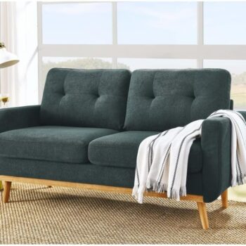 Tufted Upholstered Loveseat Sofa with Splayed Wooden Legs, Polyester Fabric 3-Seat Lounge Couch for Living Room, Retro Accent Furniture with Supportive Backrest (Grayish Green)