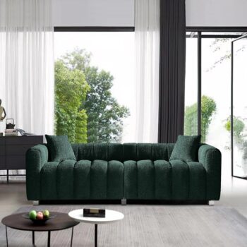 87.4"  Sofa Couch, 3 Seater Sofa with Two Pillows, Upholstered Sofa Couch Tufted Teddy Fabric Solid Wood Fram and Legs for Living Room Bedroom Office (Green)