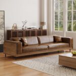Leather Sofa 111.81" with Wooden Accents on Sides & Back, Spacious 3 - Seat Couch for Living Room, Bedroom or Lounge Space, Brown
