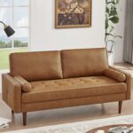 58" Loveseat Sofa Couch,  Faux Leather Couch with Hand-Sewn Deep Love Seat & 2Pillows, Home Sofa Living Room Small Couches for Small Space,Bedroom,Office,Solid Wood Frame,Brown