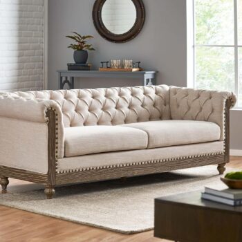 3-Seat Sofa with Wooden Legs, Retro Style Sofa Couch Furniture with Rivet Detailing, Loveseat with Pull-tab Backrest for Living Room Apartments Office, Beige