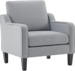Mid-Century Upholstered Accent Chair, Light Grey Fabric Armchair with Curved Arms for Living Room, Bedroom, Office and Studio