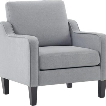 Mid-Century Upholstered Accent Chair, Light Grey Fabric Armchair with Curved Arms for Living Room, Bedroom, Office and Studio