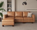 91" Faux Leather Modular Sectional Sofa with Storage,  Sectional Couches for Living Room, Soft Padded Armrests, 3 Seater L-Shaped Couch with Ottoman, Brown