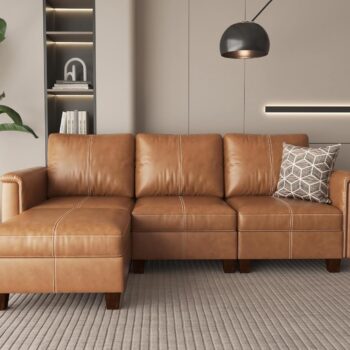 91" Faux Leather Modular Sectional Sofa with Storage,  Sectional Couches for Living Room, Soft Padded Armrests, 3 Seater L-Shaped Couch with Ottoman, Brown