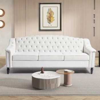 Velvet Sofa, 80" Large Upholstered Sofa with High Back,  Settee with Solid Wood Legs, Tufted 3 Seater Wide Couches for Living Room Office (White)